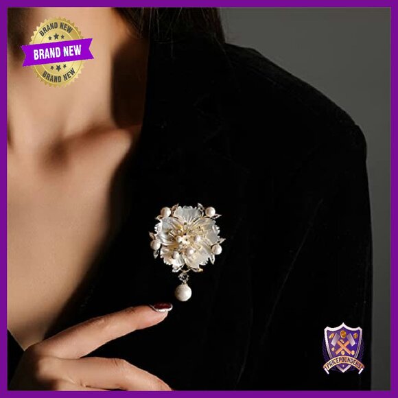 Floral Brooch Pin Gold Plated Copper Seashell Pearl 2.36in - Picture 6 of 8